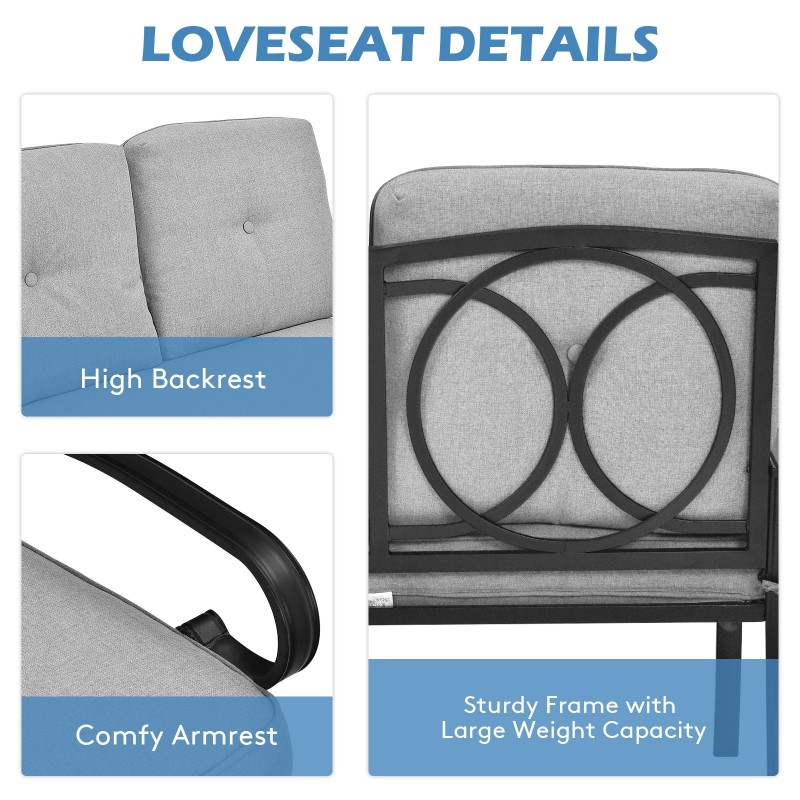 Harmaa terassikalustesetti pehmustetulla sohvalla ja sohvapöydällä