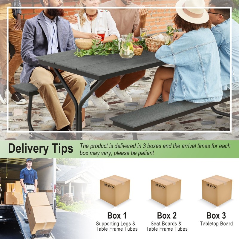 Harmaa ulkokäyttöön piknikpöytäsetti 6-8 hengelle