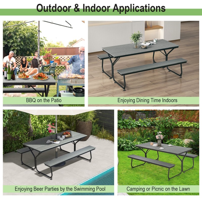 Harmaa ulkokäyttöön piknikpöytäsetti 6-8 hengelle