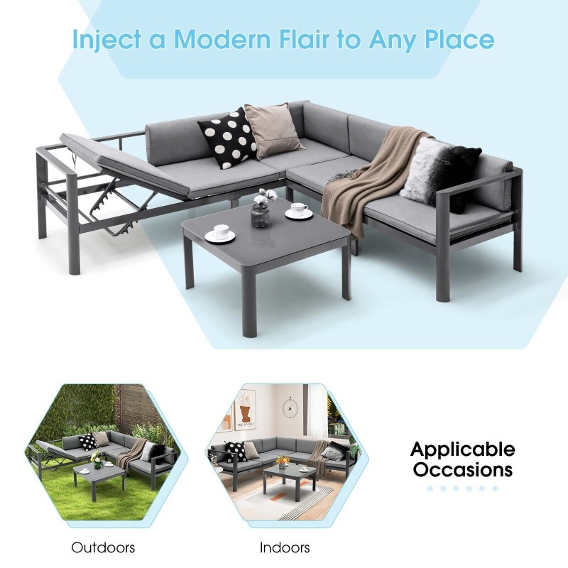 3-osainen alumiininen patio-sohvasetti, säädettävä selkänoja, harmaa