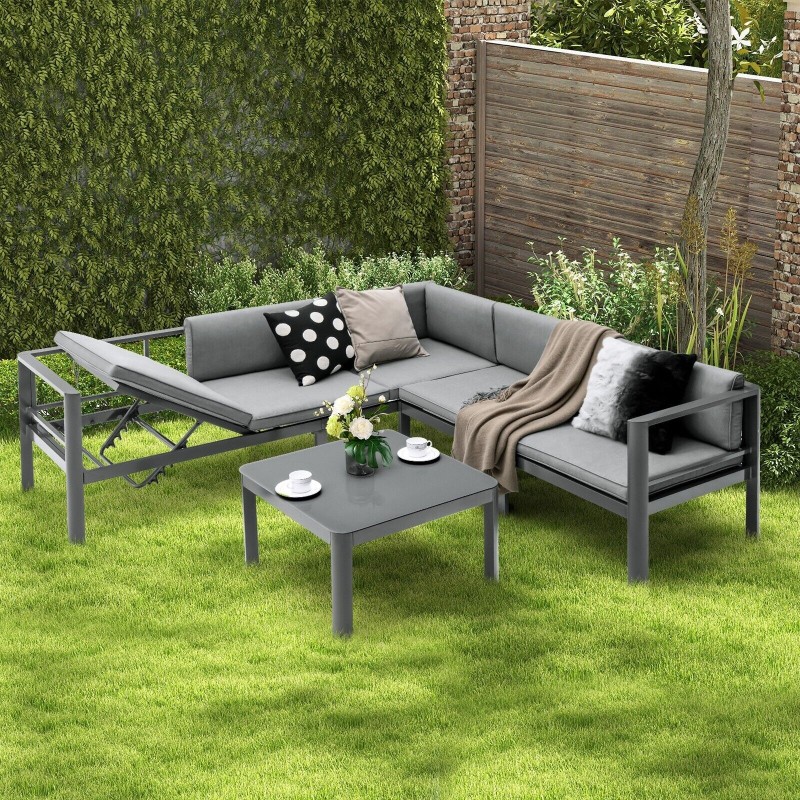3-osainen alumiininen patio-sohvasetti, säädettävä selkänoja, harmaa