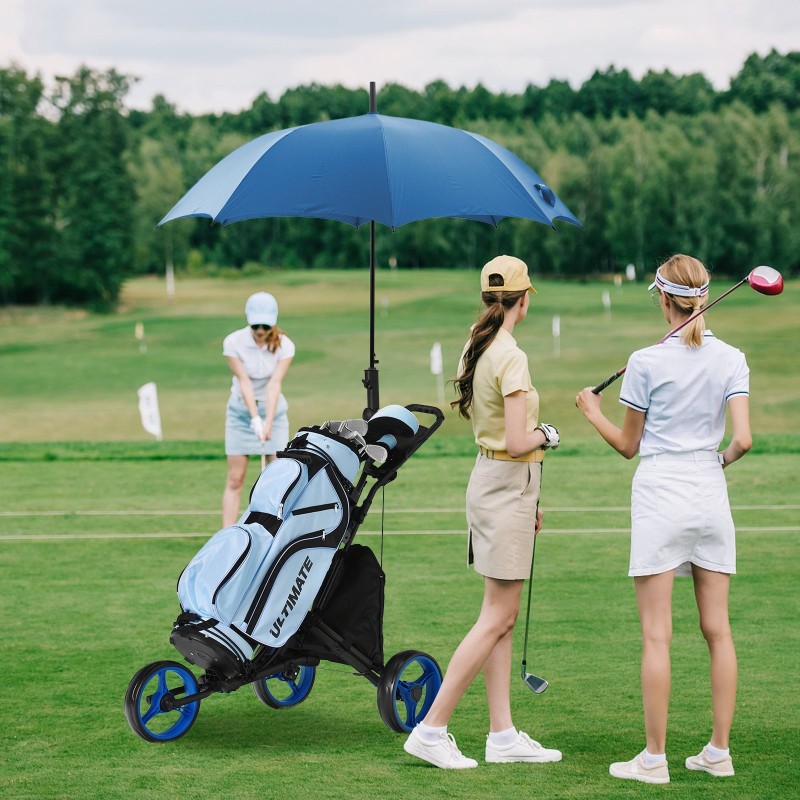 Kolmipyöräinen sininen golfkärry säädettävällä korkeudella