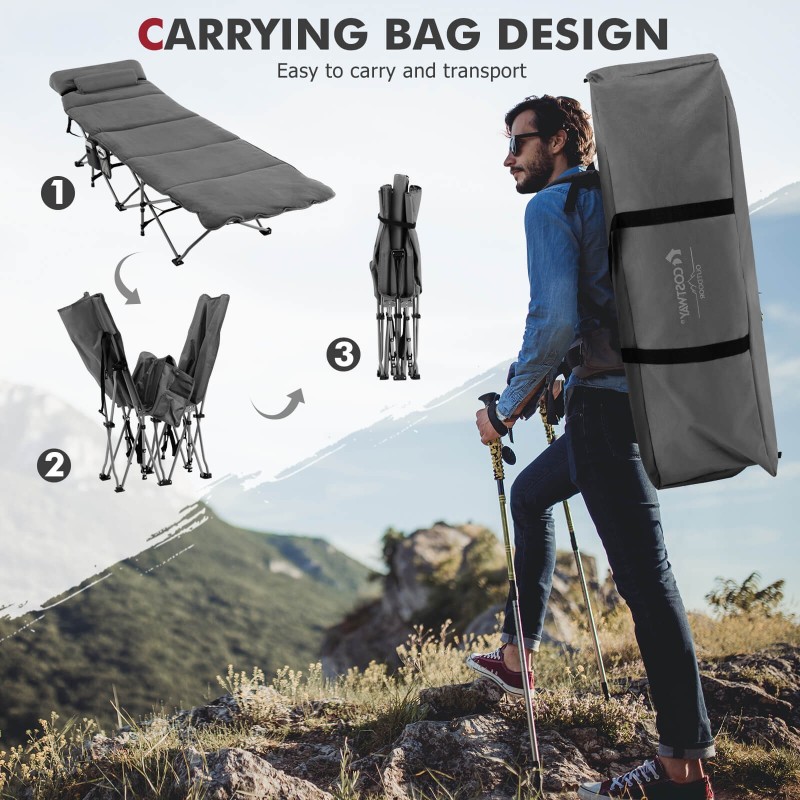 Taitettava harmaa retkisänky irrotettavalla patjalla ja tyynyllä