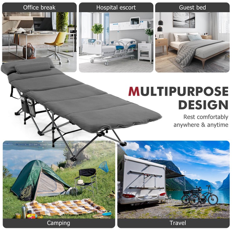 Taitettava harmaa retkisänky irrotettavalla patjalla ja tyynyllä