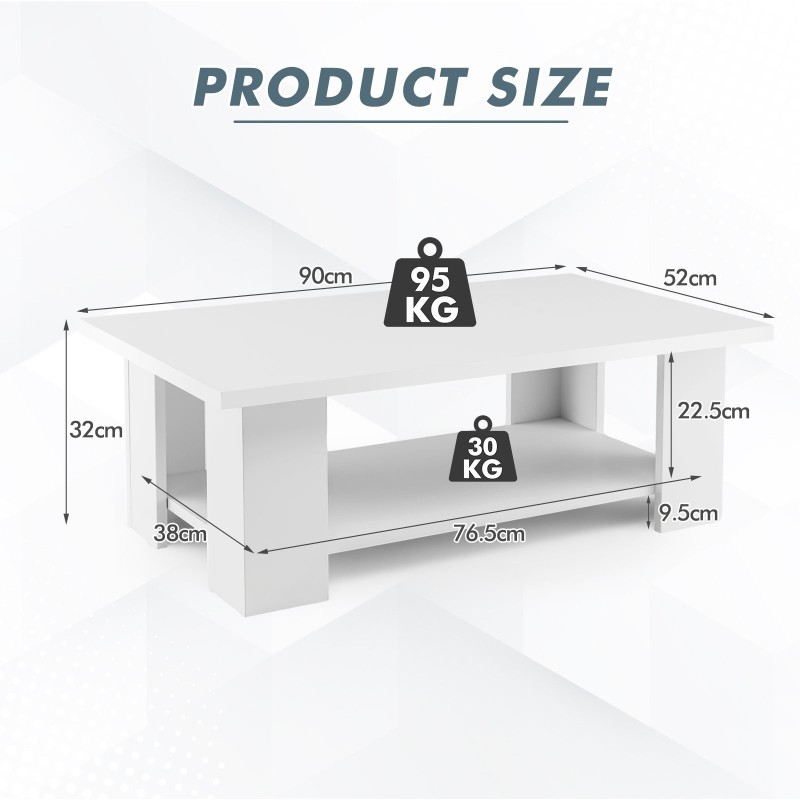 Kaksitasoinen valkoinen puinen kahvipöytä säilytystilalla