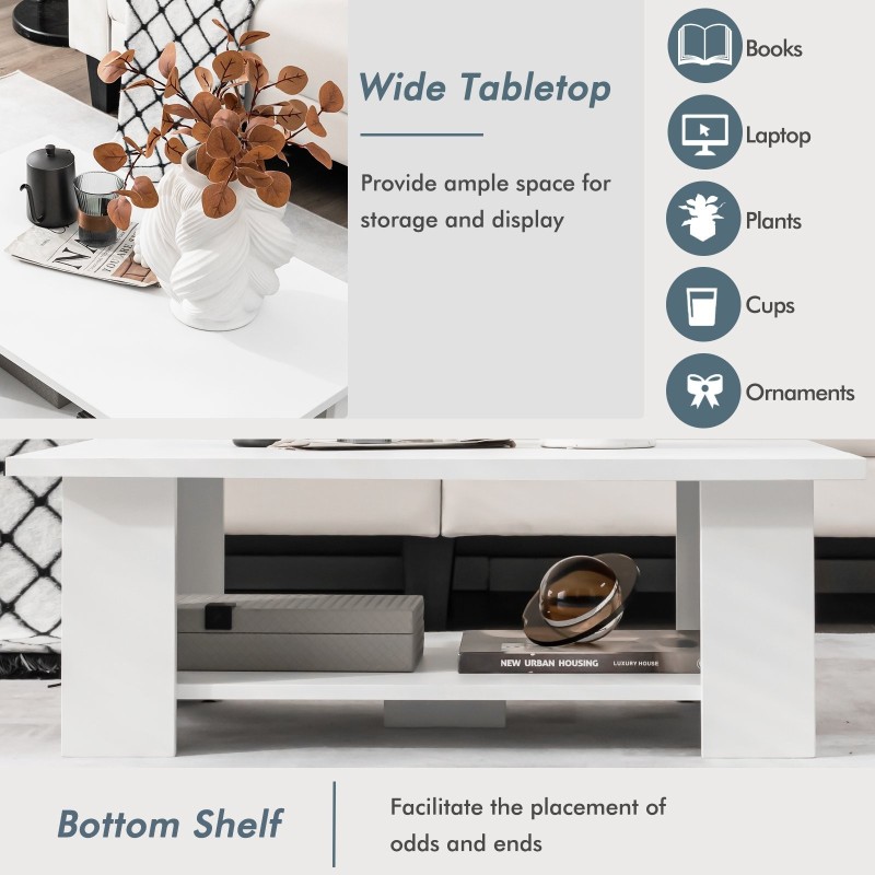 Kaksitasoinen valkoinen puinen kahvipöytä säilytystilalla