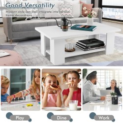 Kaksitasoinen valkoinen puinen kahvipöytä säilytystilalla