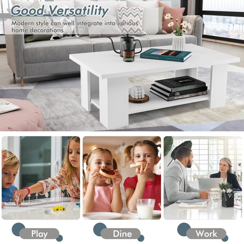 Kaksitasoinen valkoinen puinen kahvipöytä säilytystilalla