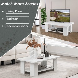 Kaksitasoinen valkoinen puinen kahvipöytä säilytystilalla