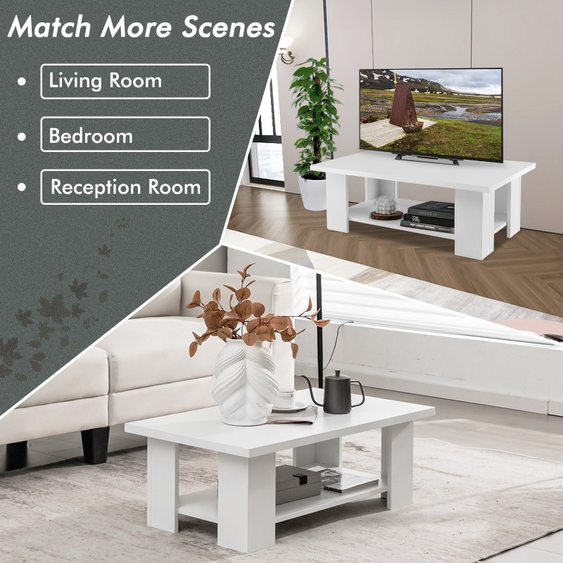 Kaksitasoinen valkoinen puinen kahvipöytä säilytystilalla