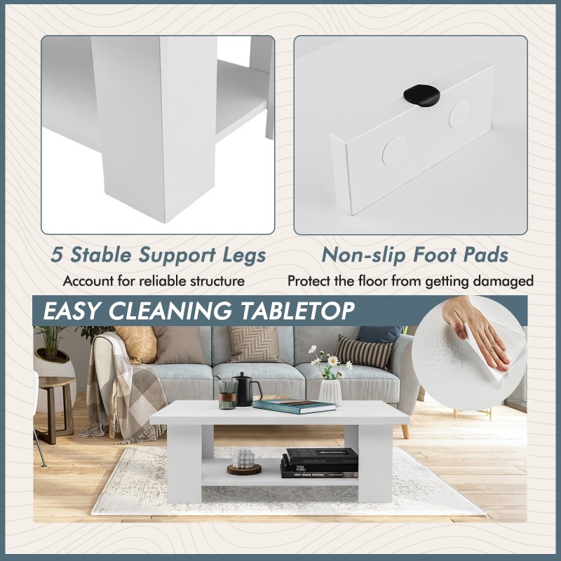 Kaksitasoinen valkoinen puinen kahvipöytä säilytystilalla