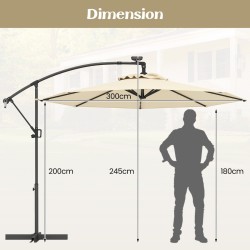 Beige aurinkokäyttöinen LED-riippuvarjo kallistuksella ja 360° käännöllä