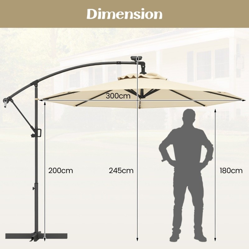 Beige aurinkokäyttöinen LED-riippuvarjo kallistuksella ja 360° käännöllä