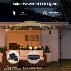 Beige aurinkokäyttöinen LED-riippuvarjo kallistuksella ja 360° käännöllä