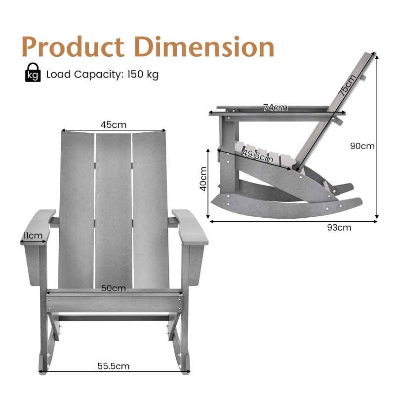 Adirondack-keinutuoli ulkokäyttöön, harmaa, säänkestävä HDPE-materiaali