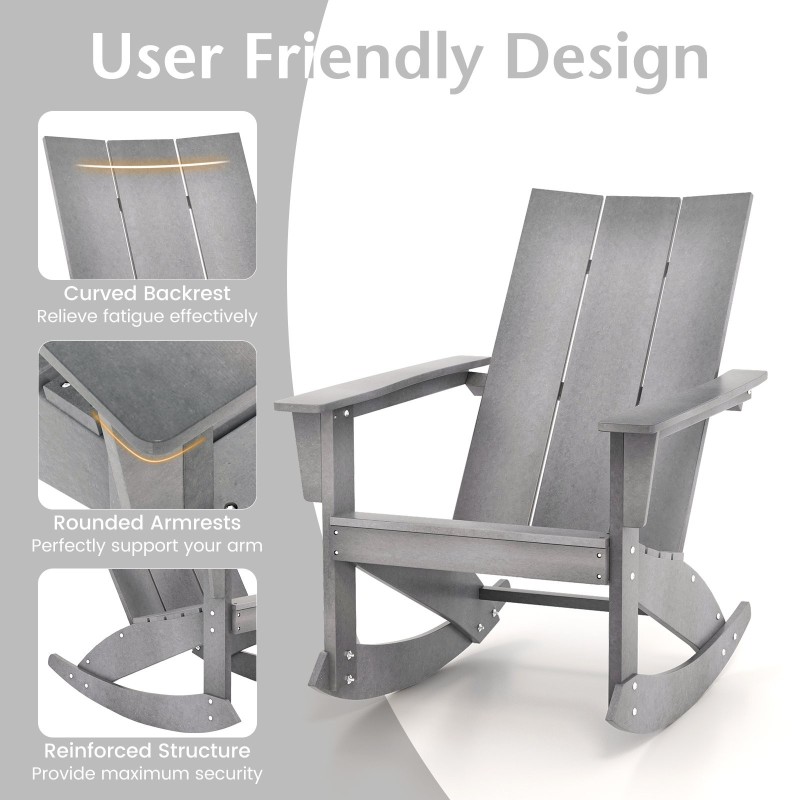 Adirondack-keinutuoli ulkokäyttöön, harmaa, säänkestävä HDPE-materiaali