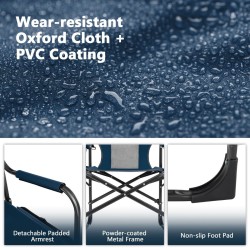 Sininen kokoontaitettava retkituoli sivupöydällä ja kylmälaukulla