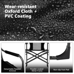 Musta kokoontaitettava retkituoli sivupöydällä ja kylmälaukulla