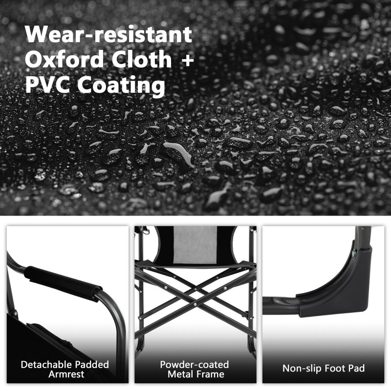 Musta kokoontaitettava retkituoli sivupöydällä ja kylmälaukulla