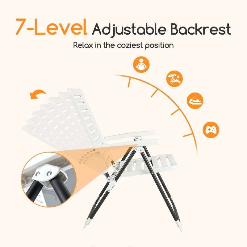 Säädettävä valkoinen taitettava lepotuoli 7-asentoinen ulkokäyttöön Säädettävä valkoinen taitettava lepotuoli 7-asentoinen ulkokäyttöön