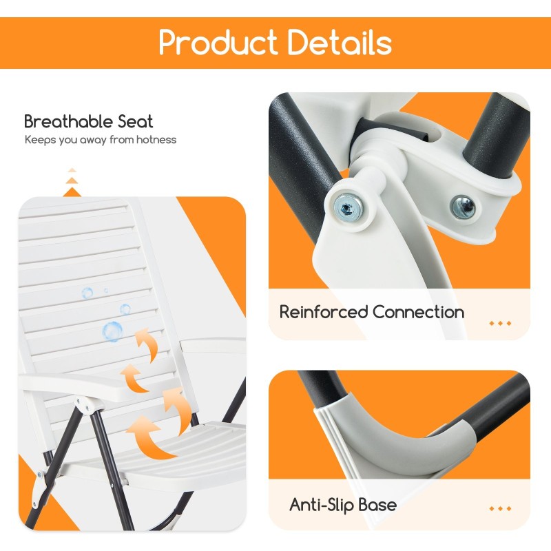 Säädettävä valkoinen taitettava lepotuoli 7-asentoinen ulkokäyttöön Säädettävä valkoinen taitettava lepotuoli 7-asentoinen ulkokäyttöön