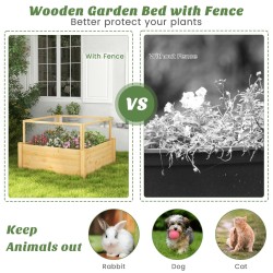 Kohotettu puutarhapenkki eläinsuoja-aidalla ja kasvatusruudukolla