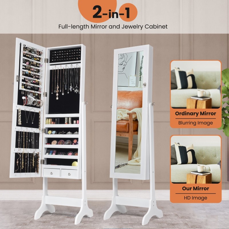 Valkoinen vapaasti seisova korukaappi peilillä ja laatikoilla