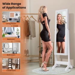 Valkoinen vapaasti seisova korukaappi peilillä ja laatikoilla