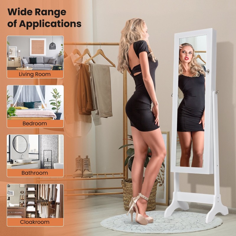 Valkoinen vapaasti seisova korukaappi peilillä ja laatikoilla