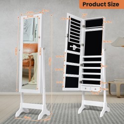 Valkoinen vapaasti seisova korukaappi peilillä ja laatikoilla