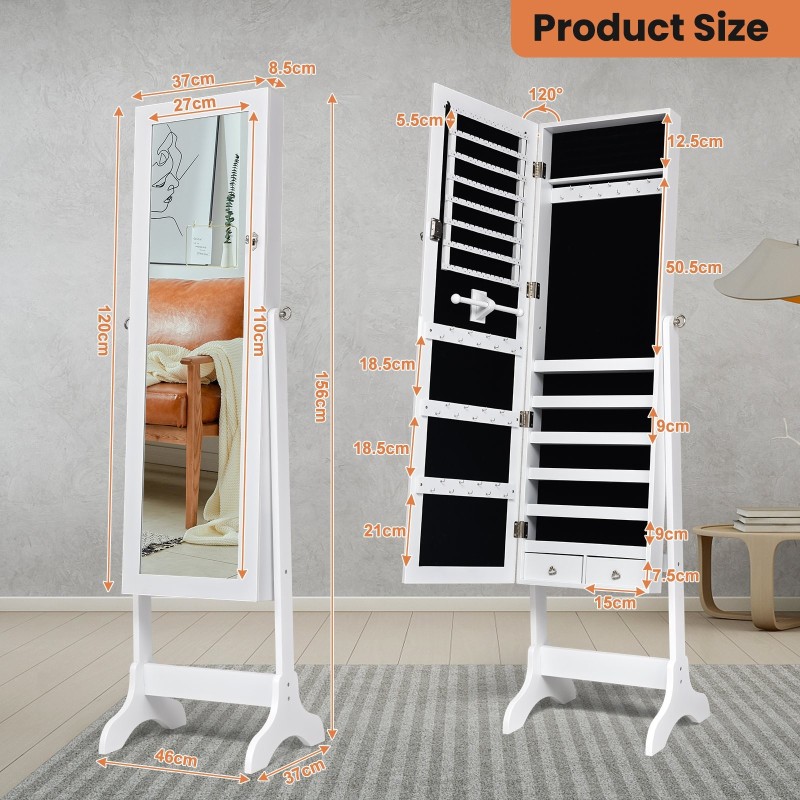 Valkoinen vapaasti seisova korukaappi peilillä ja laatikoilla