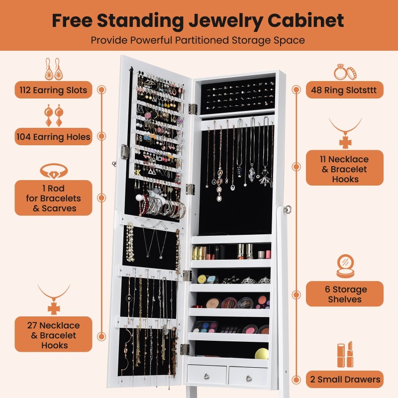 Valkoinen vapaasti seisova korukaappi peilillä ja laatikoilla