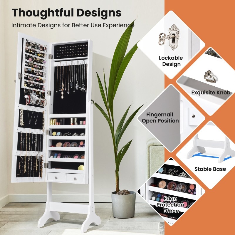 Valkoinen vapaasti seisova korukaappi peilillä ja laatikoilla