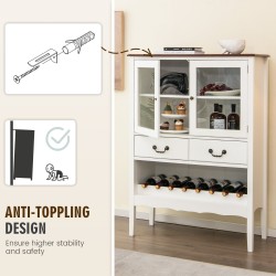 Valkoinen puinen keittiön sivupöytä viinitelineellä ja lasiovilla