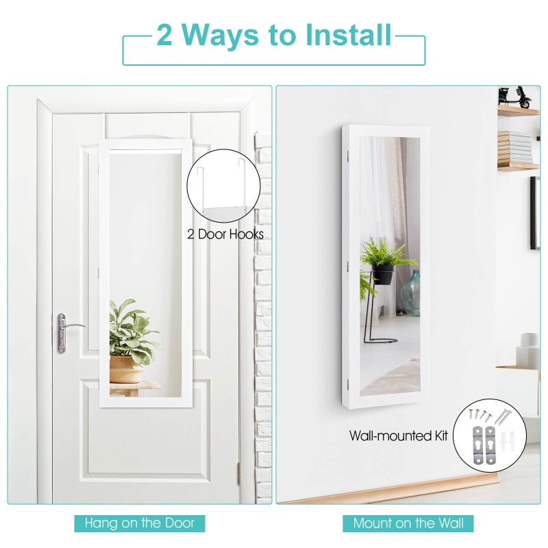 Seinälle asennettava valkoinen korukaappi peilillä ja hyllyillä