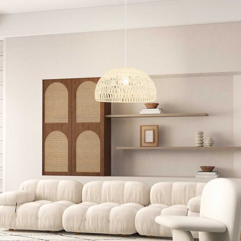 Beige käsin kudottu paperinen riippuvalaisin säädettävällä köydellä