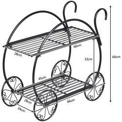 Kaksitasoinen musta metallinen kasviteline koristepyörillä