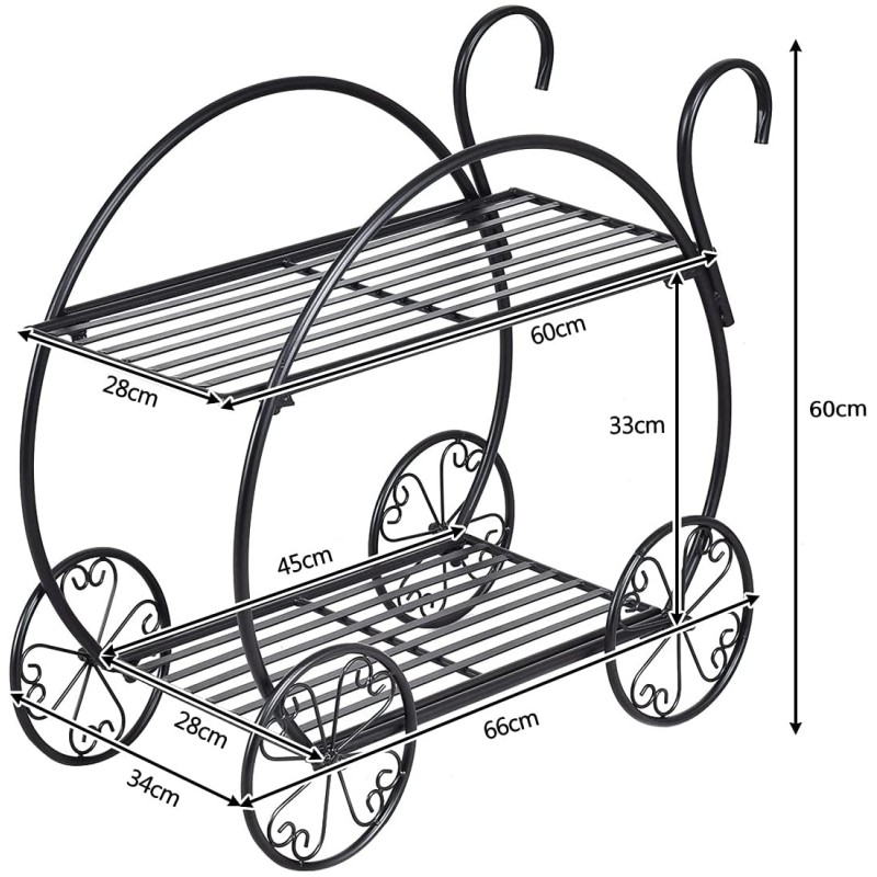 Kaksitasoinen musta metallinen kasviteline koristepyörillä