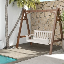 Valkoinen HDPE-terassikeinu piilotetulla mukitelineellä ja säädettävillä ketjuilla