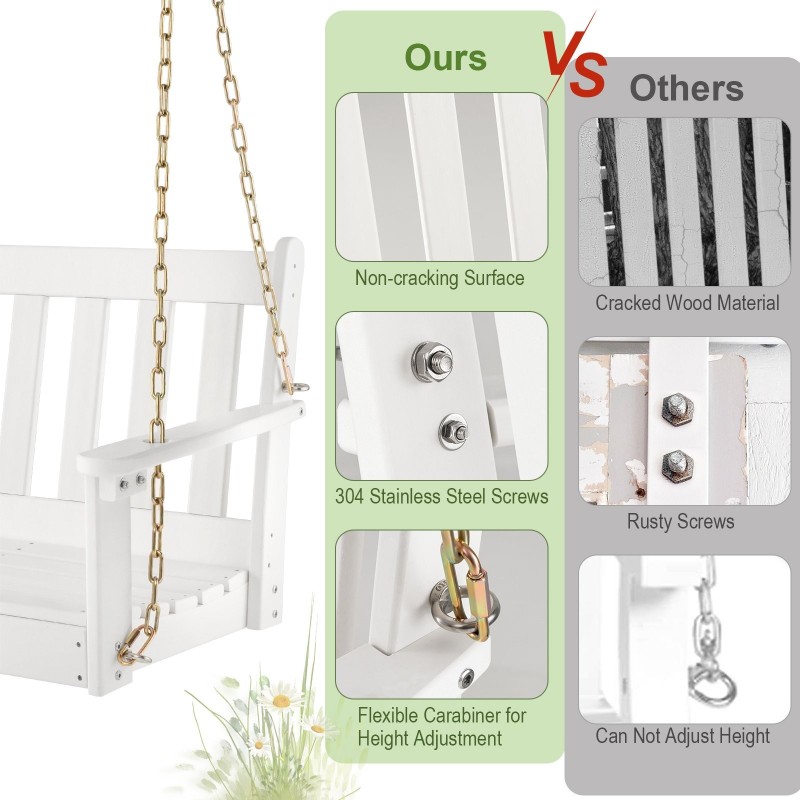 Valkoinen HDPE-terassikeinu piilotetulla mukitelineellä ja säädettävillä ketjuilla