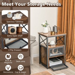 Teollinen yöpöytä kahdella laatikolla ja avohyllyllä