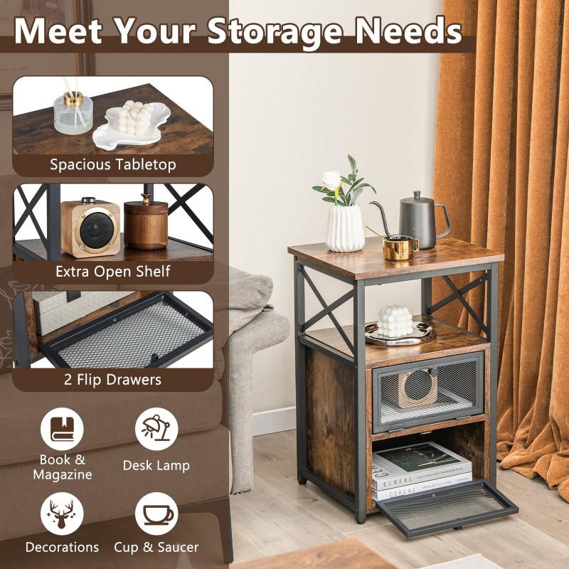 Teollinen yöpöytä kahdella laatikolla ja avohyllyllä