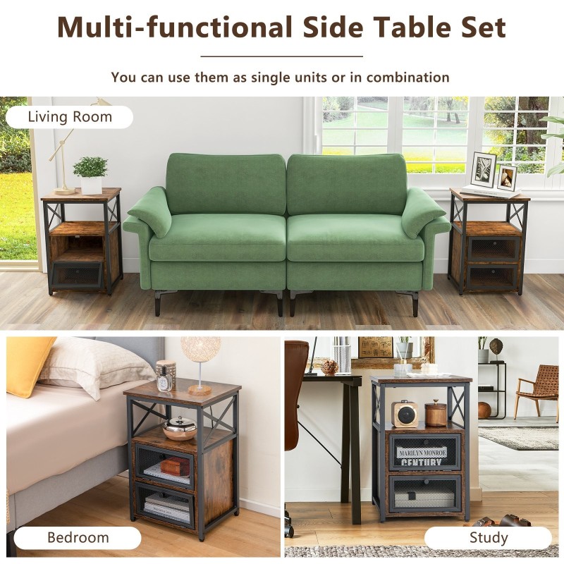 Teollinen yöpöytä kahdella laatikolla ja avohyllyllä