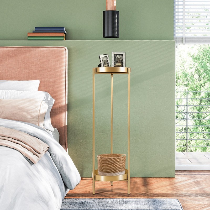 Kaksitasoinen metallinen kukkateline irrotettavilla tarjottimilla - kultainen