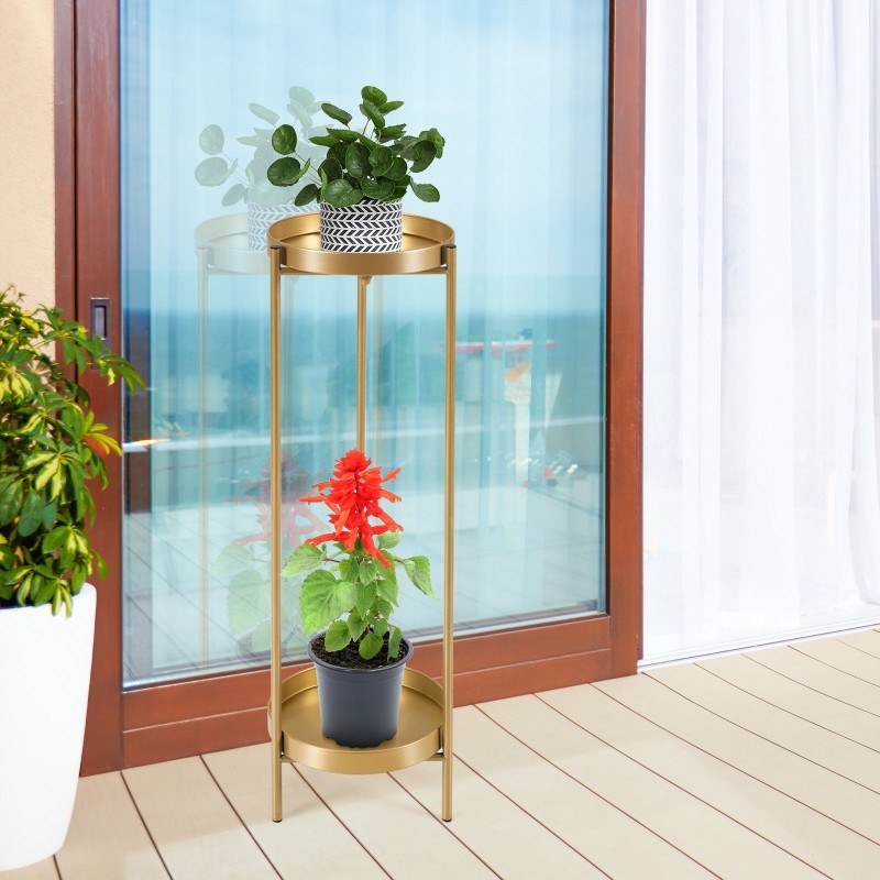 Kaksitasoinen metallinen kukkateline irrotettavilla tarjottimilla - kultainen