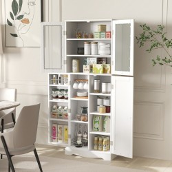 Valkoinen keittiön säilytyskaappi lasiovilla ja hyllyillä