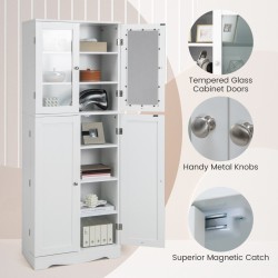 Valkoinen keittiön säilytyskaappi lasiovilla ja hyllyillä