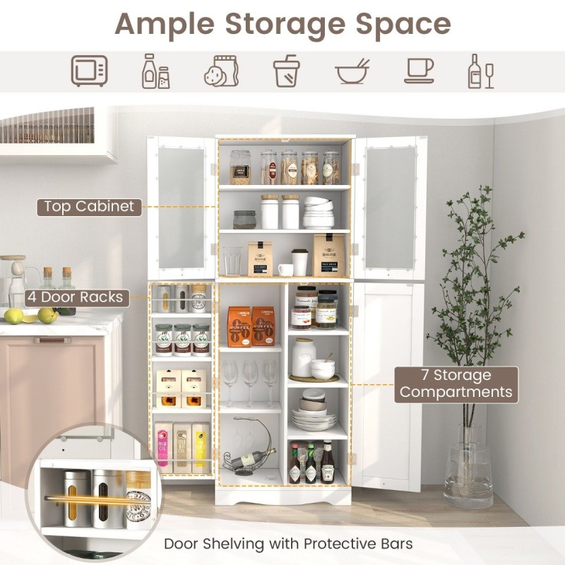 Valkoinen keittiön säilytyskaappi lasiovilla ja hyllyillä