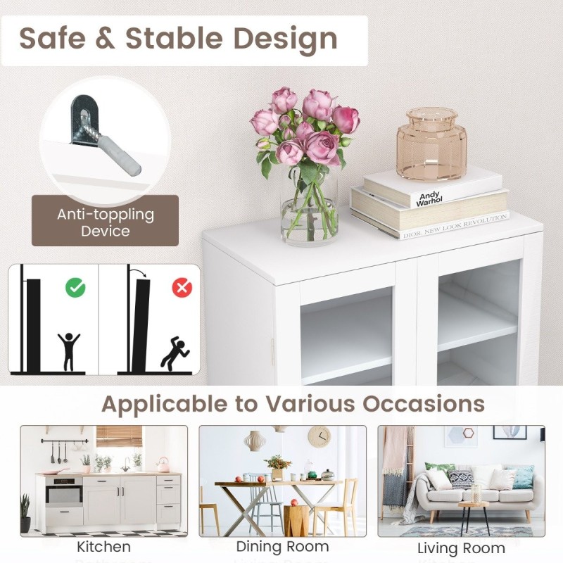 Valkoinen keittiön säilytyskaappi lasiovilla ja hyllyillä