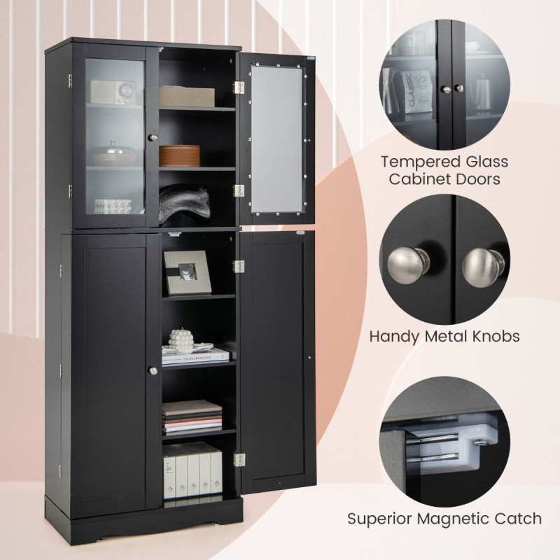 Musta keittiön kaappi lasiovilla ja säilytyshyllyillä